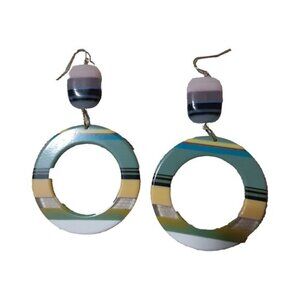 Fun 3.5" acrylic hoop earrings tones sage green teal yellow hook closure